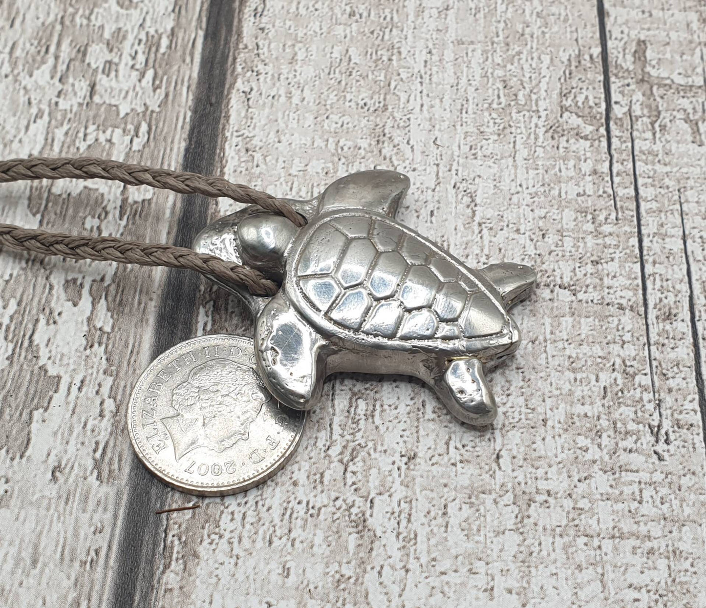 Solid pewter metal cast turtle unisex pendant.