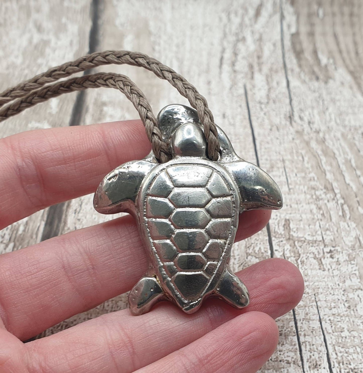 Solid pewter metal cast turtle unisex pendant.