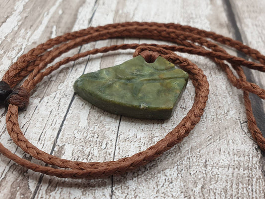 New Zealand pounamu Greenstone jade fern leaf pendant.