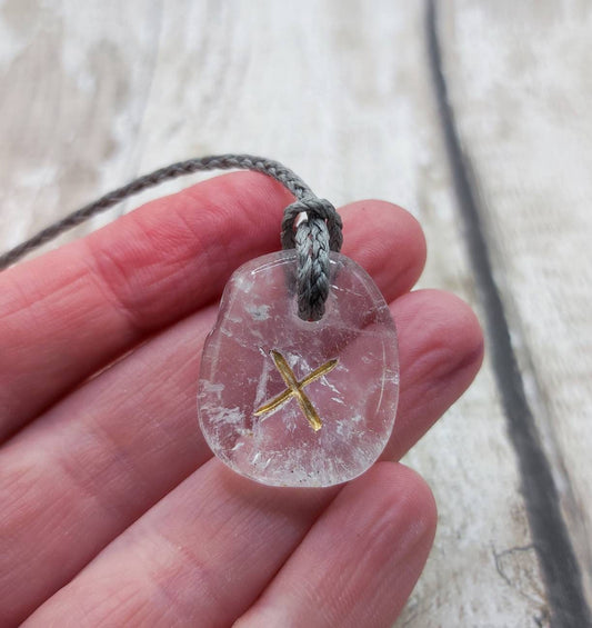 Gebo Nordic rune clear quartz crystal unisex pendant.