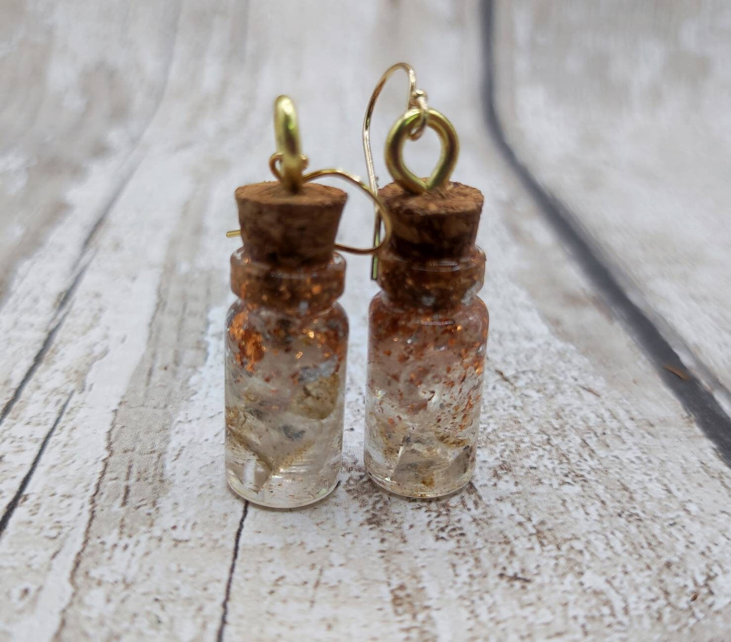 Sheppy selenite with Italian silver and copper leaf bottle earrings.