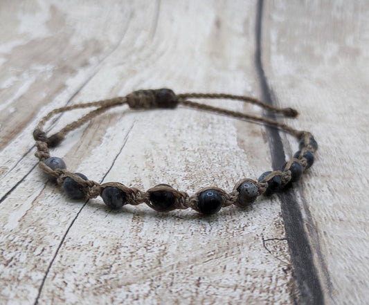 Larvikite beaded macramé woven unisex bracelet.