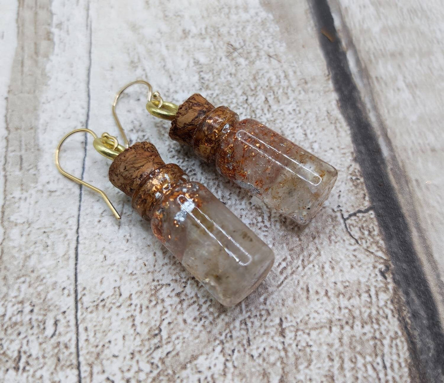 Sheppy selenite with Italian silver and copper leaf bottle earrings.