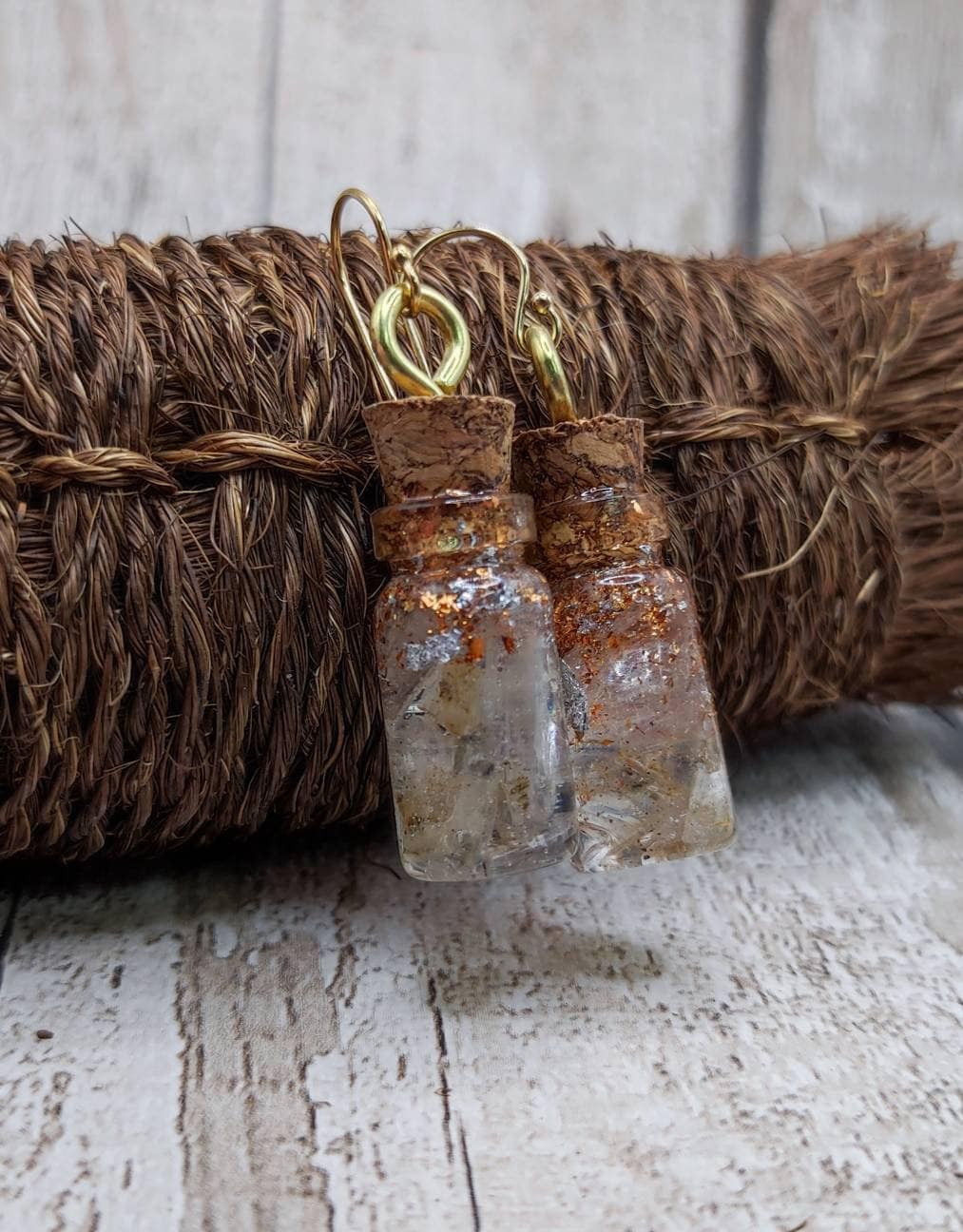 Sheppy selenite with Italian silver and copper leaf bottle earrings.