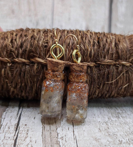 Sheppy selenite with Italian silver and copper leaf bottle earrings.