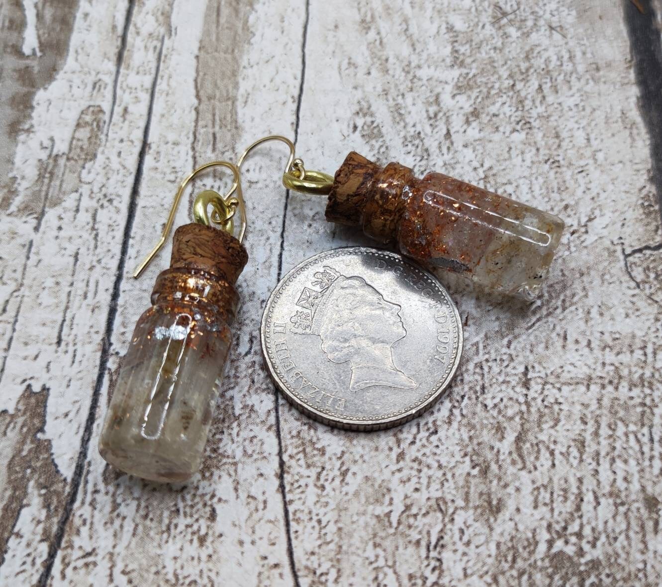 Sheppy selenite with Italian silver and copper leaf bottle earrings.