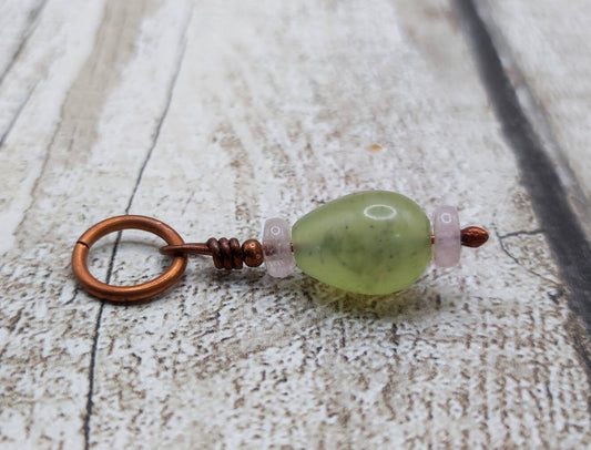 Morganite and serpentine, copper wire wrapped, bracelet charm.