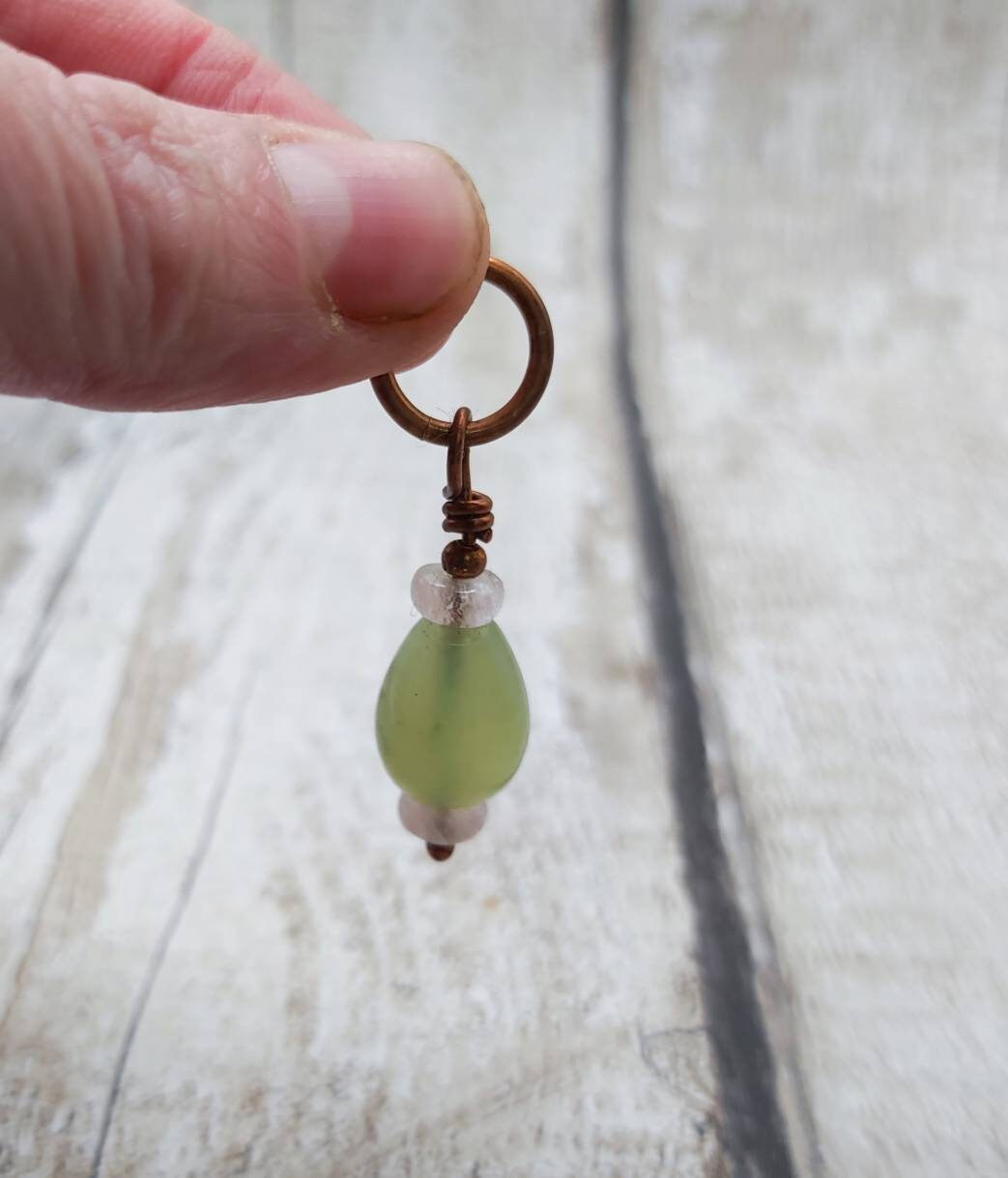 Morganite and serpentine, copper wire wrapped, bracelet charm.