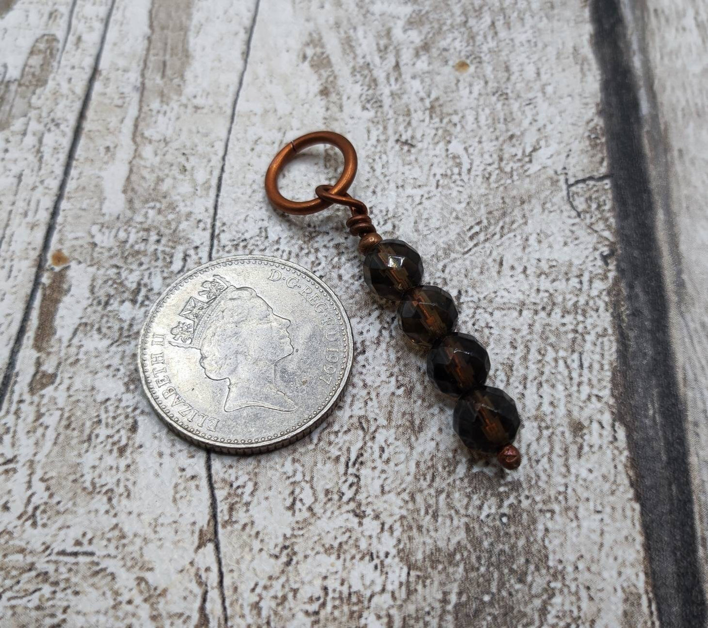 Smokey quartz, faceted bead, copper bracelet charm.