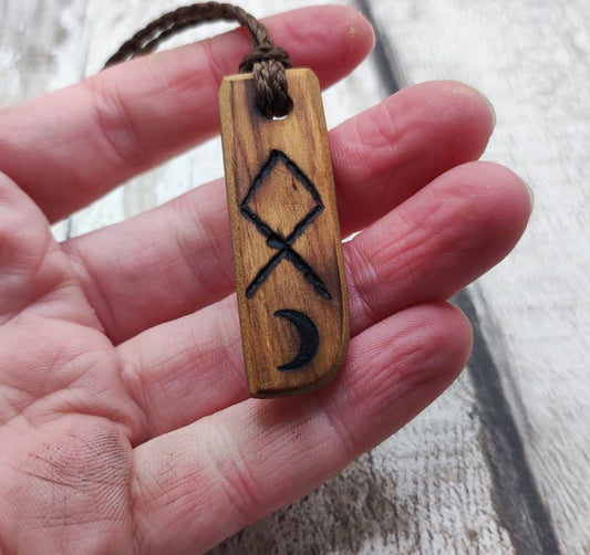 Rimu wood veneer, othala rune stone pendant.