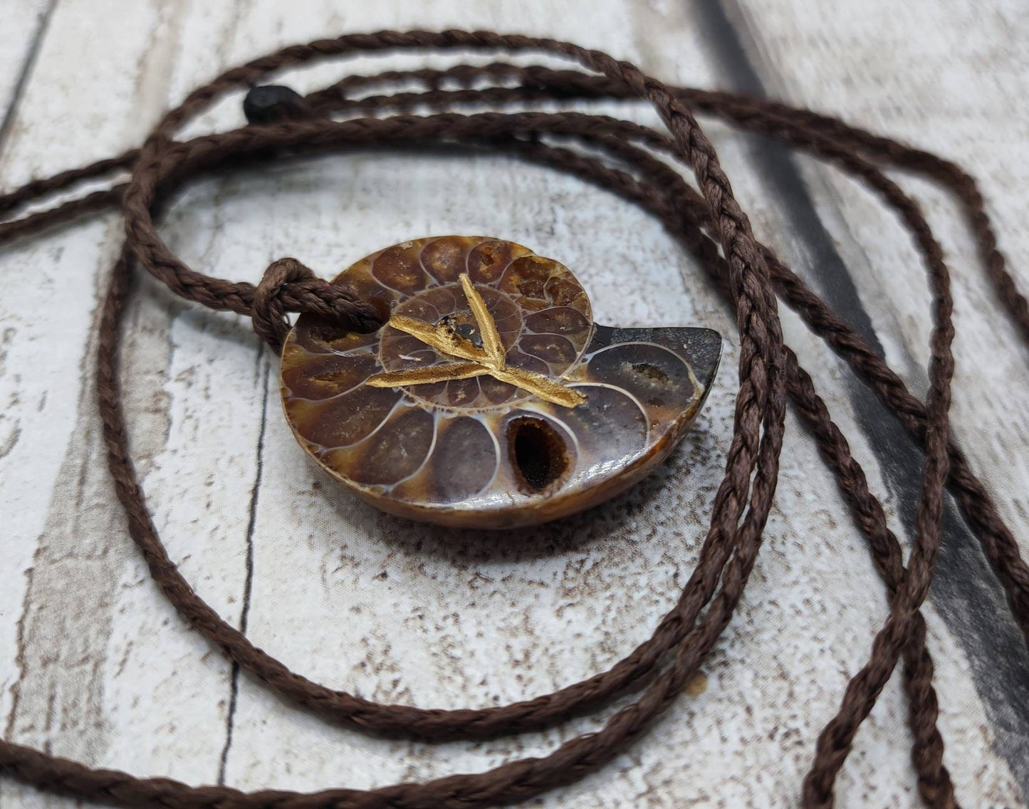 Ammonite Algiz rune stone, fossil pendant.