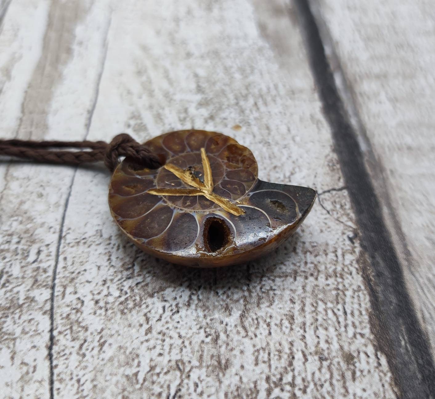 Ammonite Algiz rune stone, fossil pendant.