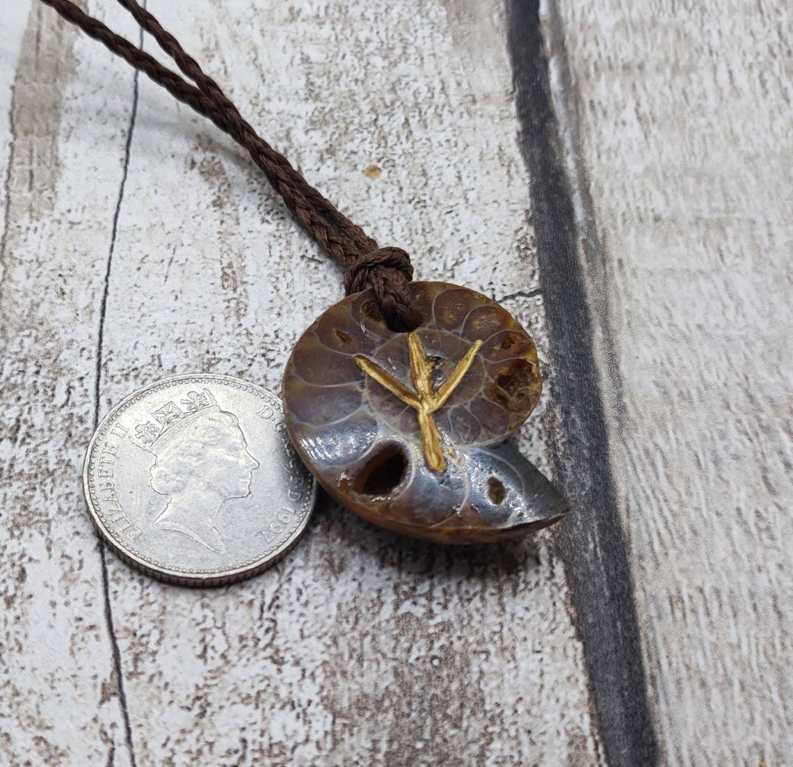 Ammonite Algiz rune stone, fossil pendant.