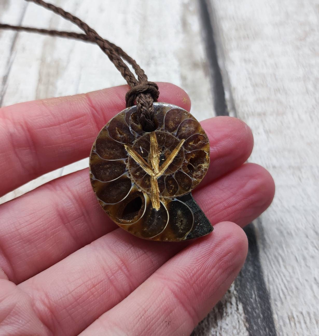 Ammonite Algiz rune stone, fossil pendant.