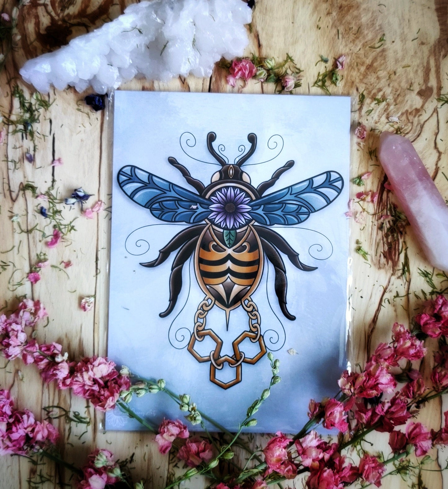 Gilded bumble bee, printed digital illustration.