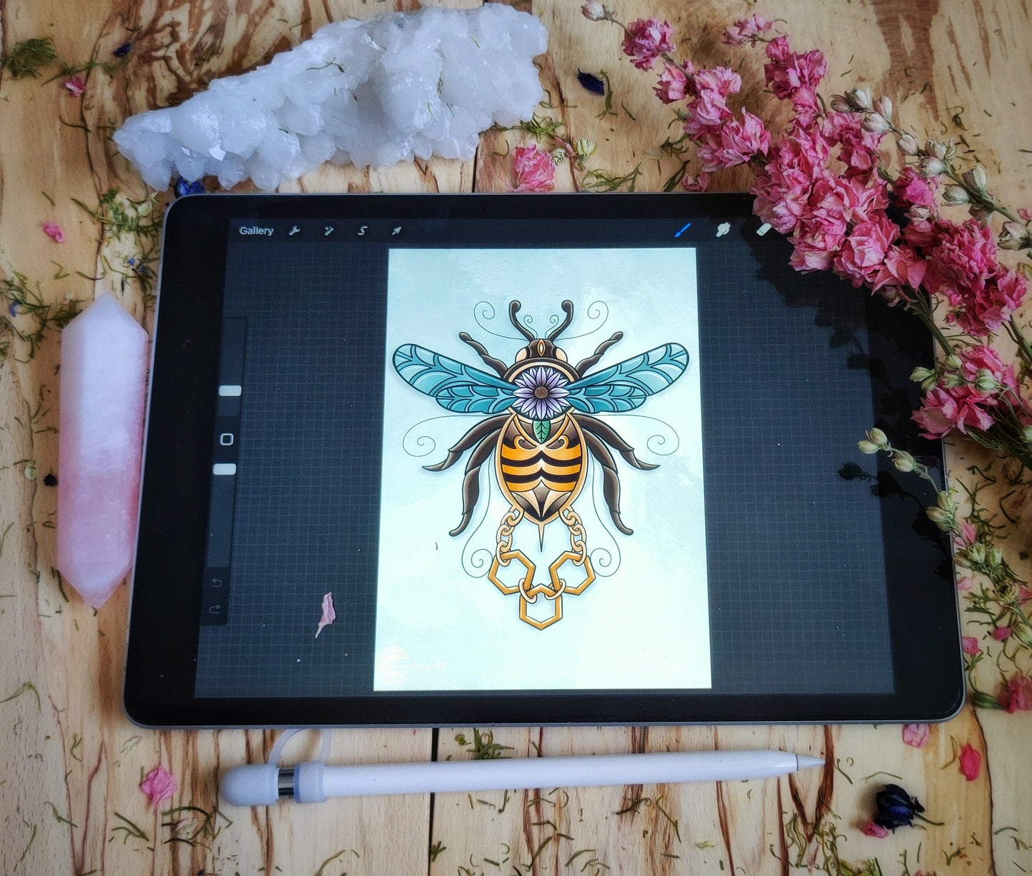 Gilded bumble bee, printed digital illustration.