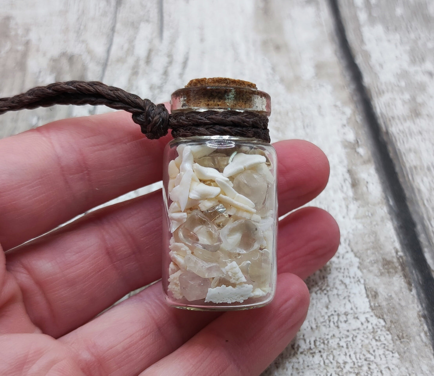 Mako sharks teeth and clear quartz bottle pendant.