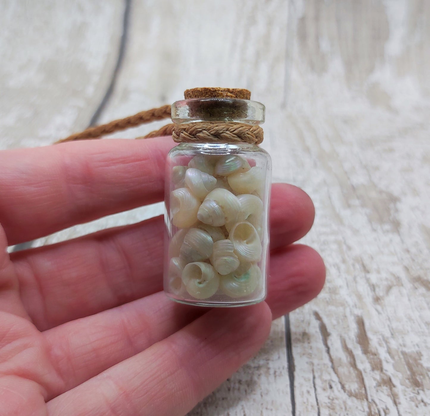 White shell filled bottle pendant.