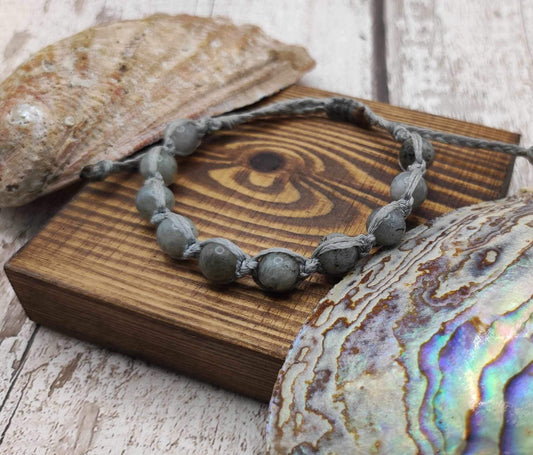 Labradorite 6mm beaded macramé woven adjustable bracelet.