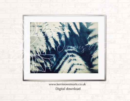 White fern leaf cyranotype photographic print. Digital download.