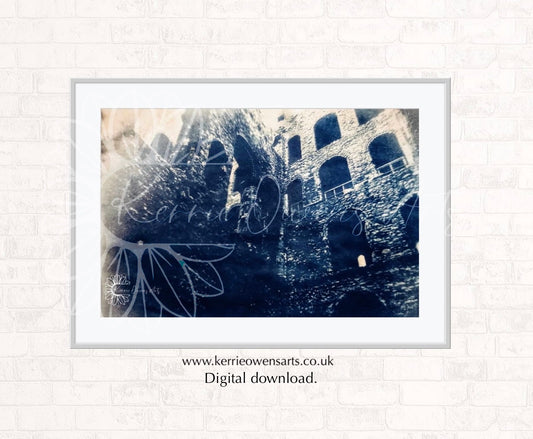 Rochester castle cyanotype photographic print. Digital download.