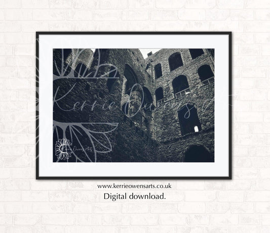 Rochester castle landscape greyscale photographic print, digital download.