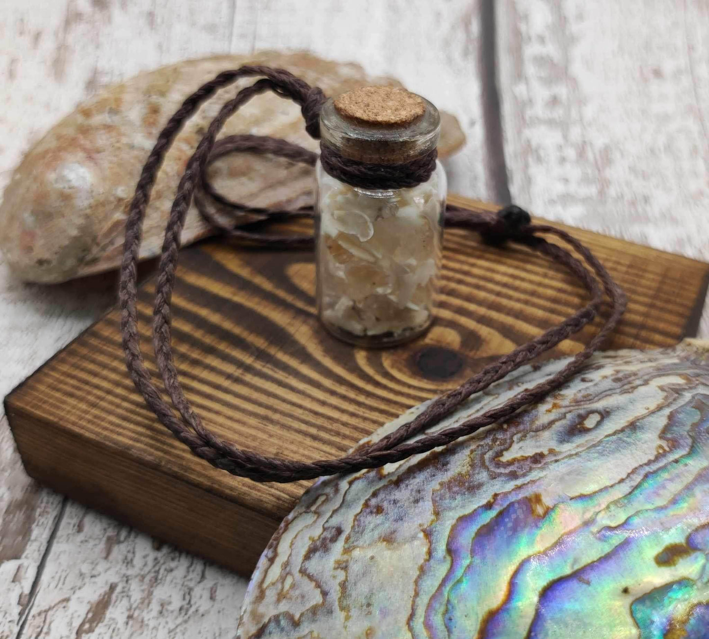 Mako sharks teeth and clear quartz bottle pendant.