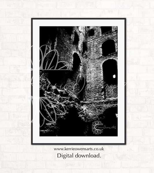 Rochester castle photographic print, black and white digital download.